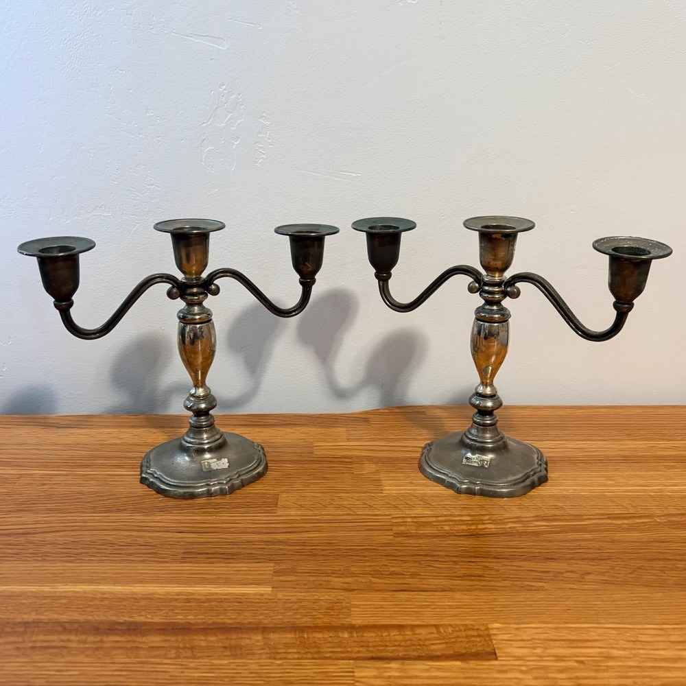 Pair of Vintage Candelabra 3-Arm Silver Plated Scrolled Candle Holder 7in (2pcs)